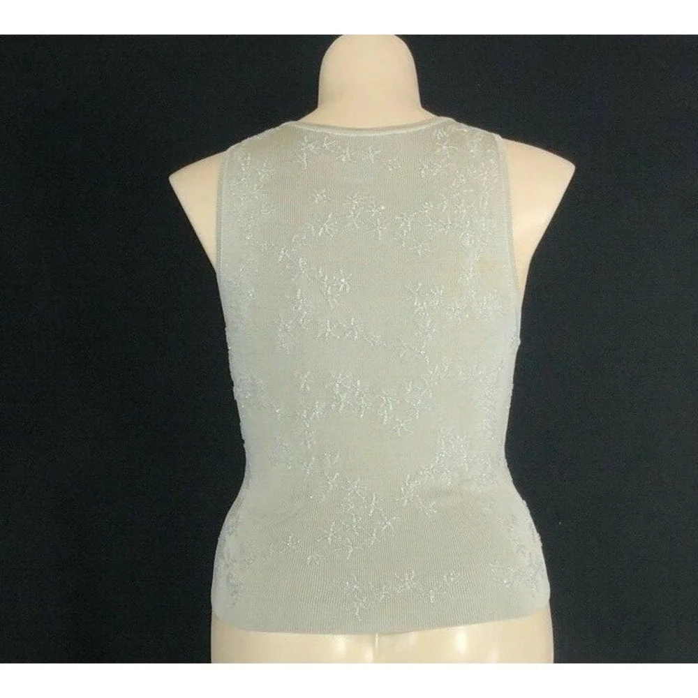 Carmen Marc Valvo LARGE Top Light Gray Clear Bead Heavy Knit Tank Shell Stretchy - Picture 6 of 8